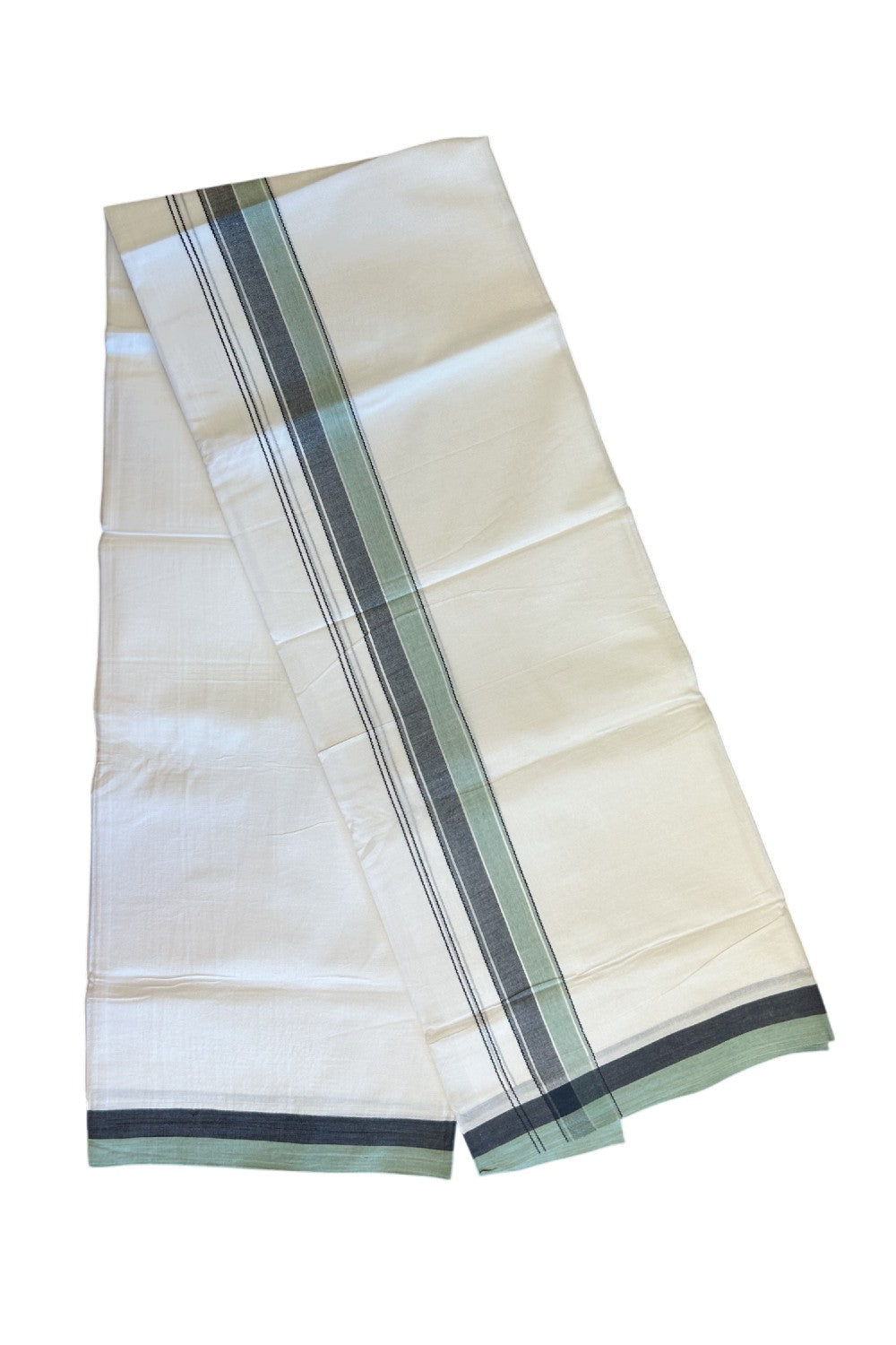 28% DISCOUNT! KaithariKada Balaramapuram 100% Cotton PURE WHITE Double Mundu/Dhoti-100x80- 1.75 inch Dark Pista green & Black shaded designer kara - 7KK5134THI