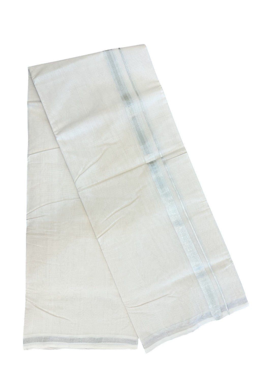 25% DISCOUNT! KaithariKada HANDLOOM Millpaav Balaramapuram - 100% PURE Cotton Off White - (Unbleached) Double Mundu/Dhoti - 2 cm Silver Kasavu Striped kara - 7KK5136RAM