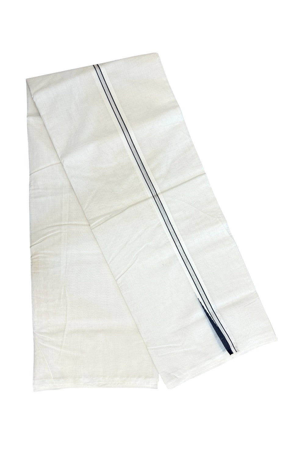 21% Discount! KaithariKada Balaramapuram 100% Cotton Double Off white - (Unbleached) Mundu/Dhoti-(100X100)- 1 inch PULIYILAKKARA CHUTTY BLACK & SILVER KARA - 7KK5145ASH