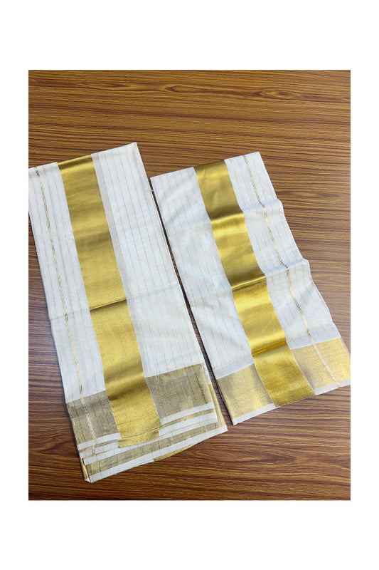25% Discount!! KaithariKada - Kerala Pure Cotton OFF WHITE Single Set Mundu - Stripes Gold Kasavu Big Kara - 7KK5152PMC