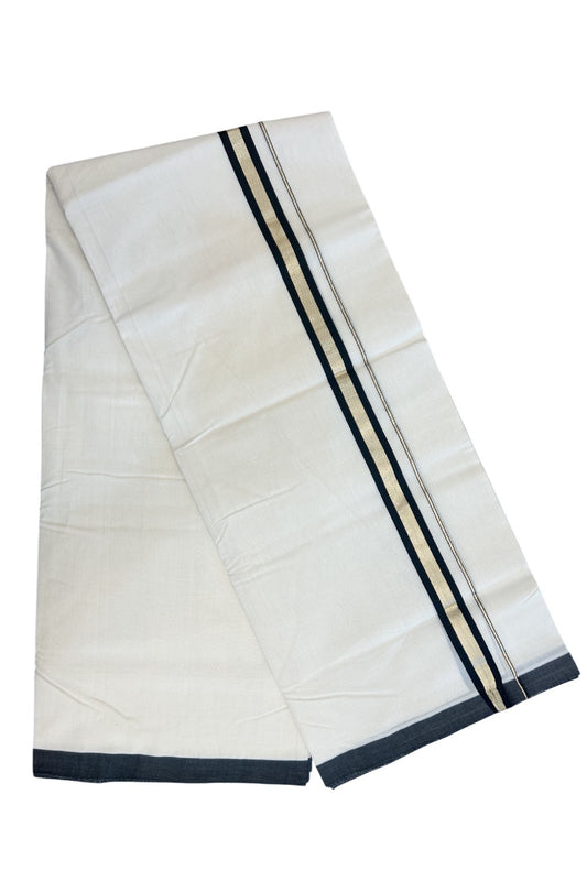 30% DISCOUNT!! KaithariKada HANDLOOM UNAKKUPAAV Balaramapuram - 100% PURE Cotton OFF White Double - (Unbleached)- Mundu/Dothi - 1.25inch Black Gold Kasavu & Silver Striped Kara 4.5 Meters (10 Muzham) - 7KK5160REA