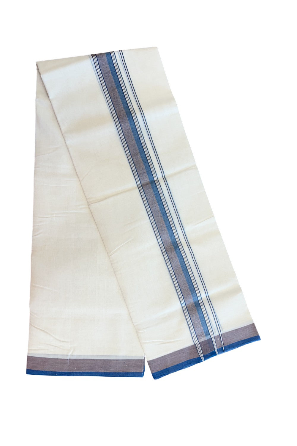 27% DISCOUNT! KaithariKada BALARAMAPURAM HANDLOOM UNAKKUPAAV - 100% PURE Cotton Off white (Unbleached) Double Mundu/Dhoti - 1.75 inch Silver Kasavu Peacock Blue & Sand Brown Shaded Kara (8 Muzham) - 24KK5161SOM