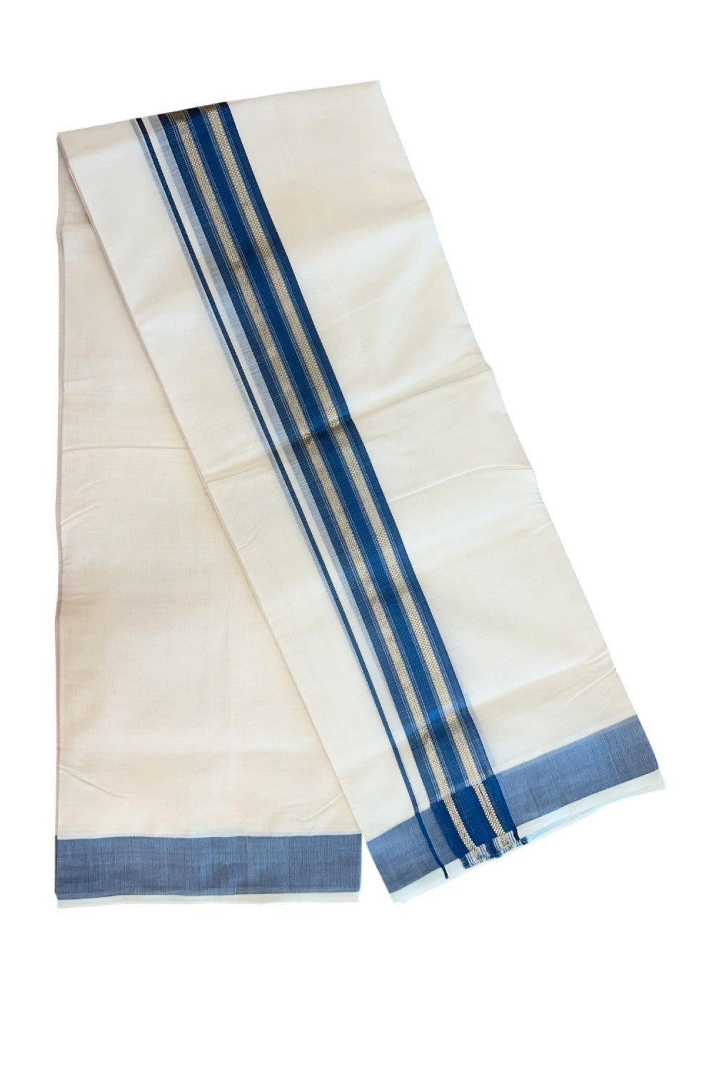 27% DISCOUNT!! KaithariKada HANDLOOM millpaav Balaramapuram - 100% PURE Cotton OFF White - (Unbleached) Double Mundu/Dothi - 2 inch Peacock blue colour kasavu  & Gold Kasavu Striped kara - 7KK5162RAM