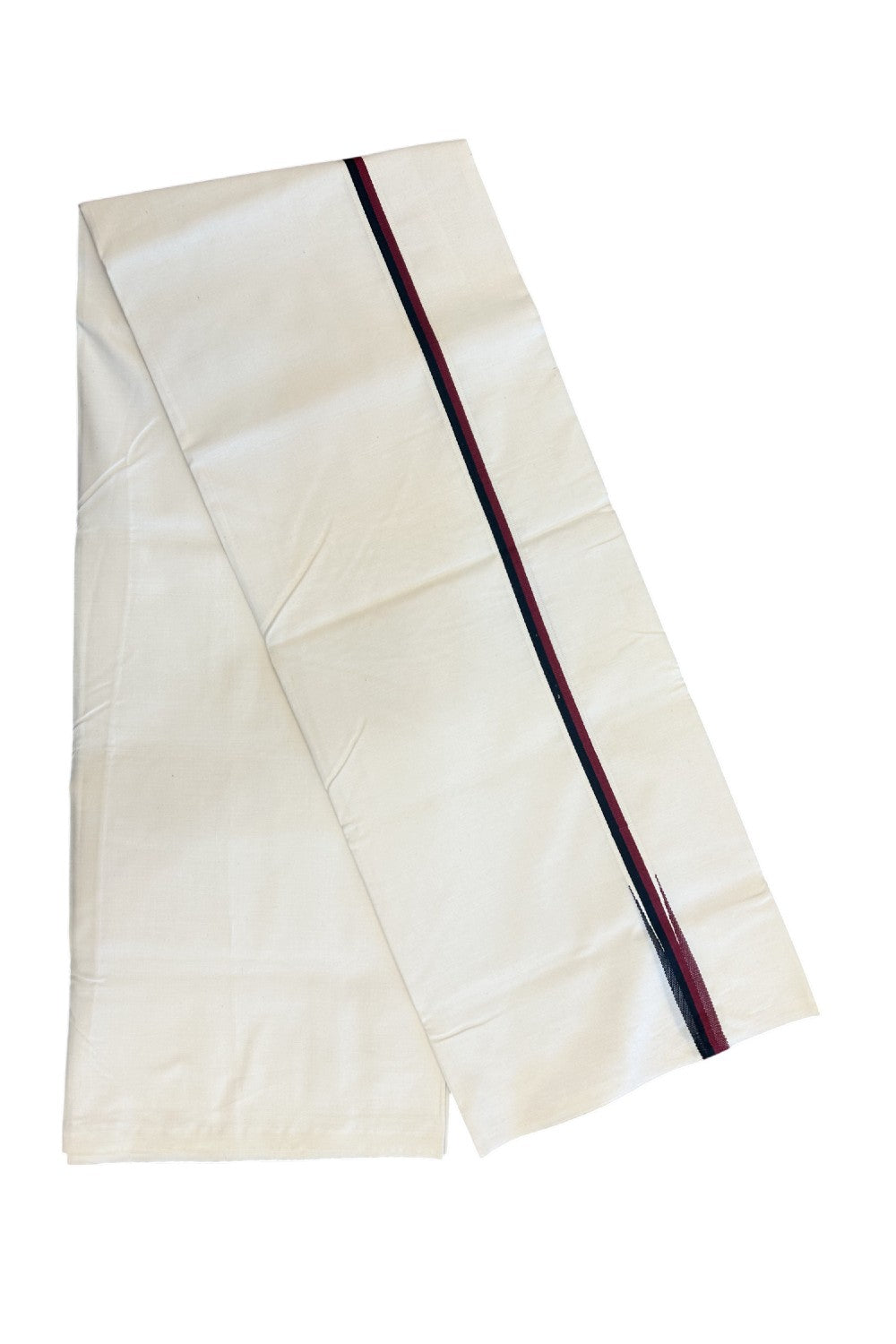 DMK Veshti - 20% Discount!! KaithariKada Balaramapuram 100% COTTON SINGLE OFF WHITE- (Unbleached) Mundu/Dhoti-100X100 -0.75 inch Puliyilakkara Maroon & Black Chutty (2 meter / 4 muzham) - 7KK5166ASH