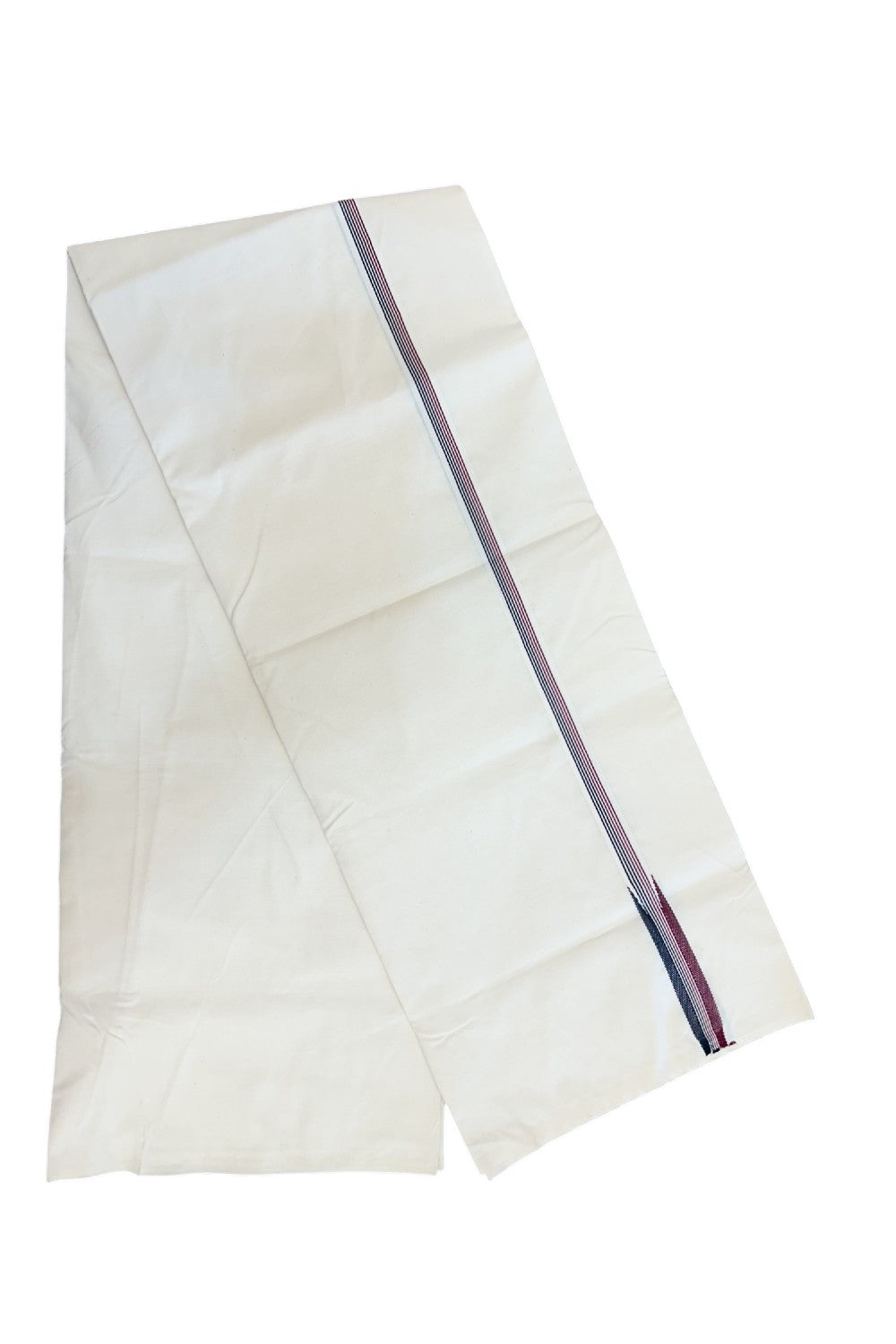 ADMK Veshti - KaithariKada Balaramapuram 100% COTTON SINGLE OFF WHITE- (Unbleached) Mundu/Dhoti-100X100 - 2 cm Puliyilakkara Maroon & Black Striped Chutty (2 meter / 4 muzham) - 7KK5168ASH