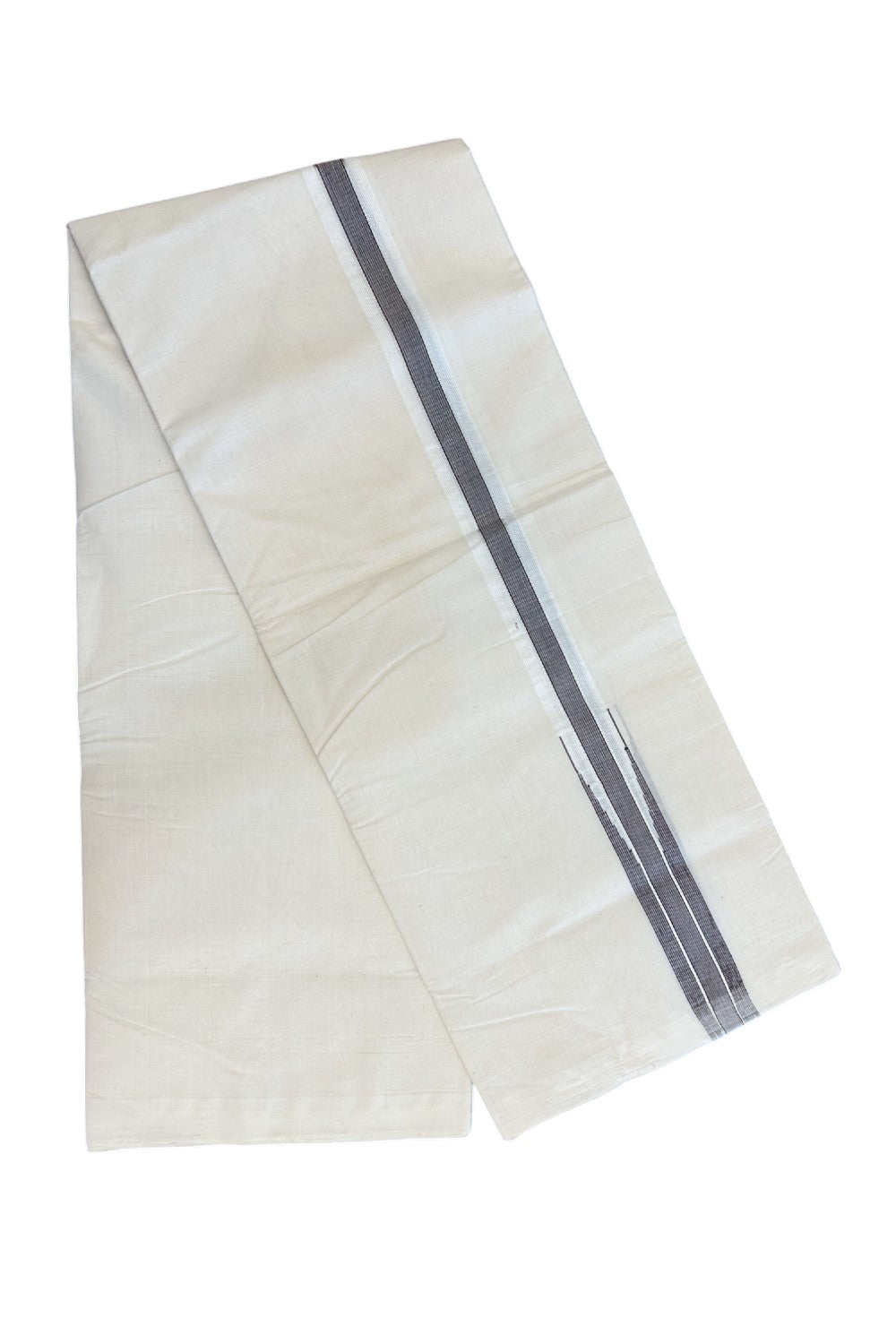 25% DISCOUNT!! KaithariKada HANDLOOM MILLPAAV Balaramapuram - 100% PURE Cotton OFF White Double - (Unbleached) Mundu/Dothi - 1.5 inch Puliyilakkara BROWN  & Silver Kasavu chutty Kara - 13KK5170RAM