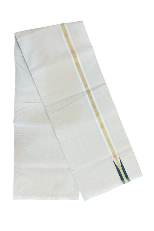 25% DISCOUNT!! KaithariKada HANDLOOM MILPAAV Balaramapuram - 100% PURE Cotton OFF White Double - (Unbleached) Mundu/Dothi - 100x100 - 3 cm Kasavu Green chutty Kara - 6KK5177RAM