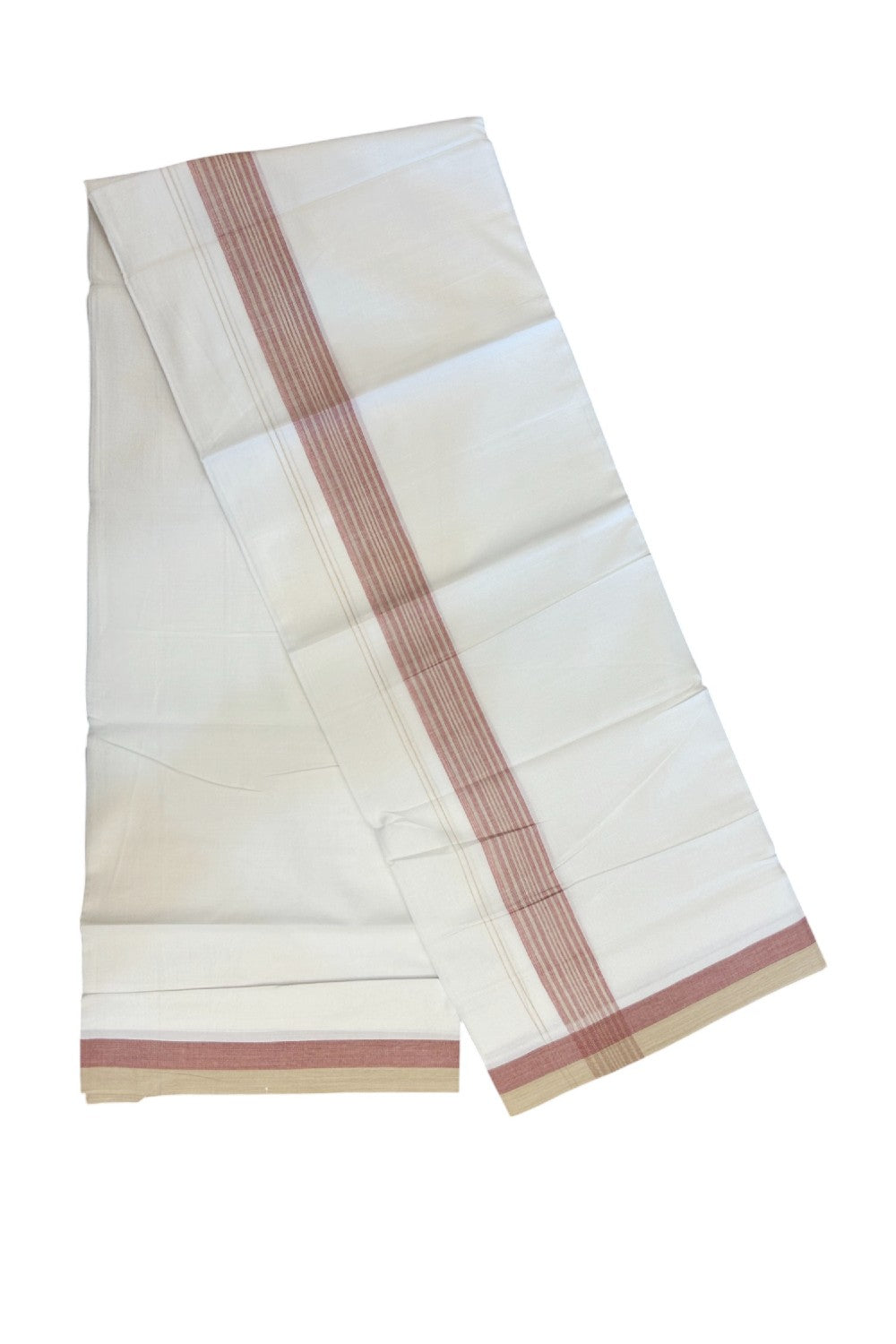 20% Discount ! Kaitharikada Balaramapuram 100% Cotton PURE WHITE Double Mundu/Dothi - 100x80 - 1.5 inch Sand brown & Red Striped Kara - 7KK5183VIN