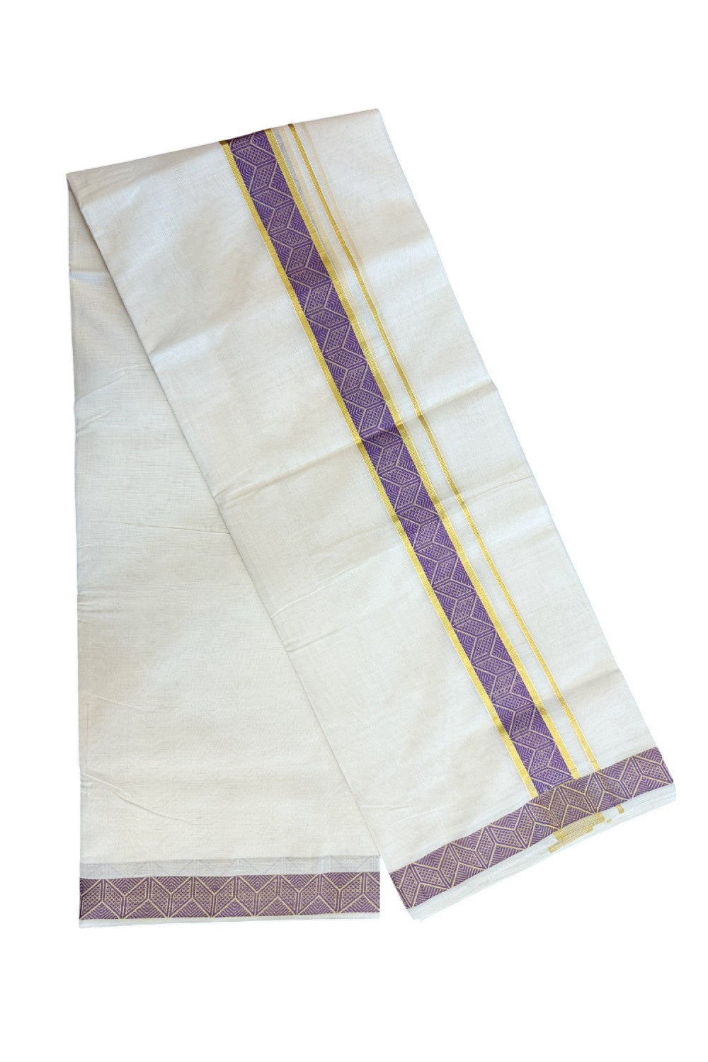 25% DISCOUNT ! KaithariKada HANDLOOM Unakkupaav Balaramapuram - 100% PURE Cotton Off White - (Unbleached) Double Mundu/Dhoti - 1.75 inch Gold Kasavu & Lavender Jacquard Design Kara - 7KK5190ABH