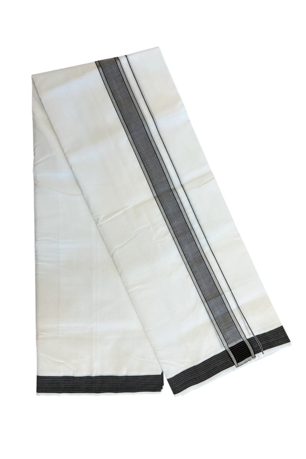 25% Discount!! NEW ULTRA PURE WHITE HANDLOOM Balaramapuram - 100% Mercerised Cotton Double Mundu/Dhoti - 120 twisted warp x 80s weft - 1.75 inch Silver Kasavu & Black Brown Striped Kara- 7KK5200REA