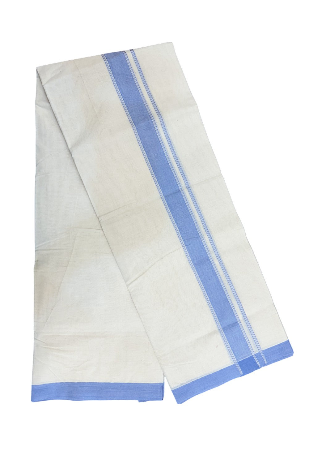 NEW !! 20% DISCOUNT!! KaithariKada Balaramapuram 100% Cotton Double Off white - (Unbleached) Mundu/Dhoti-100x80 - 1.75 inch Lavender Blue Shaded Striped KARA - 3.75 mtr (8 Muzham) - 7KK5218 ASH