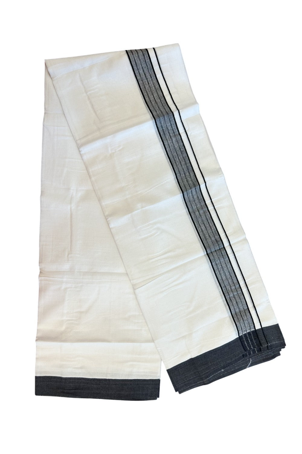20% DISCOUNT!!! KaithariKada Balaramapuram 100% Cotton DOUBLE PURE WHITE Mundu/Dhoti - 100X80 - 1.5 Inch Black Shaded Stripes kara 3.75 mtr (8 muzham) - 7KK5220 THI