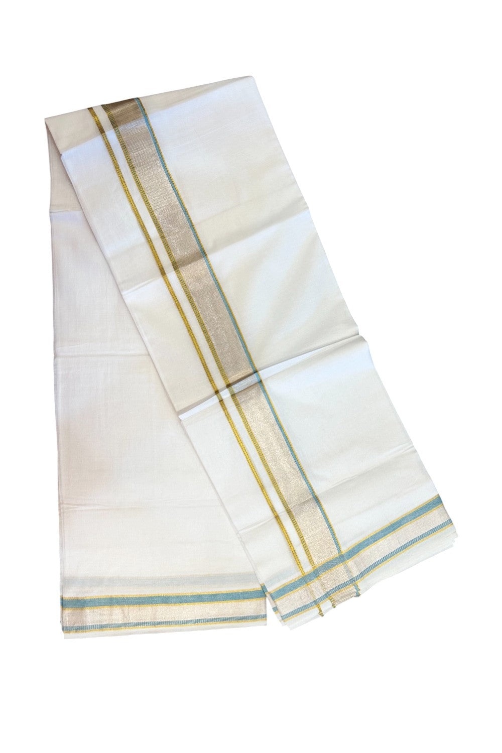 17% DISCOUNT! KaithariKada Balaramapuram 100% Cotton Double PURE WHITE Mundu/Dhoti - 100x100 - 1.5 inch Sky Blue Silver Kasav & Gold Kasavu Stripes Kara - 7KK5221 GAN