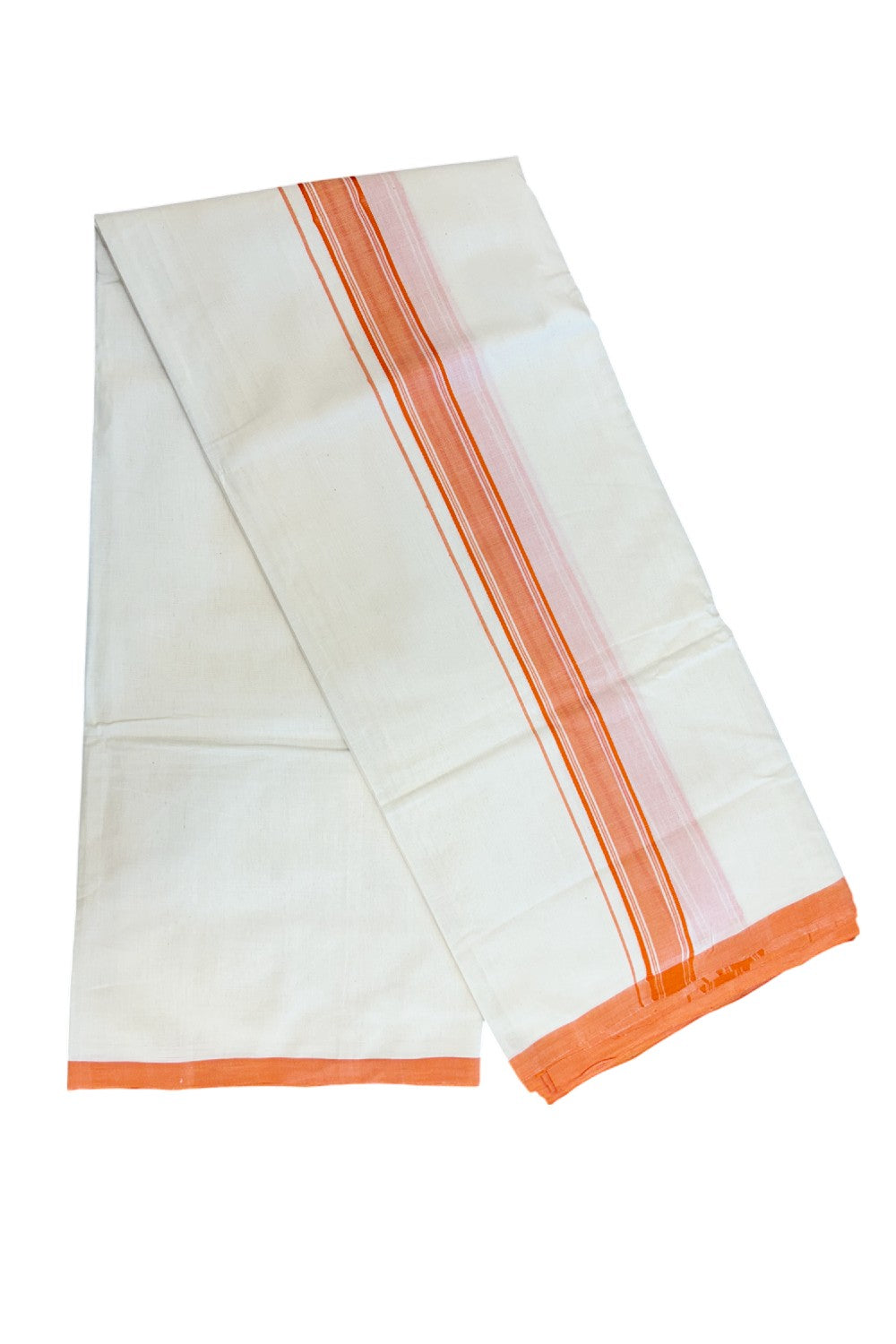 PREMIUM HANDLOOM-20% DISCOUNT! KaithariKada  Cotton OFF White - 100x80 thread-  NORTH INDIAN ATTACHED GAMCHA - 9X5 & 10X6 muzham Dhoti - 1.5 inch Orange Border - 7KK5223VEL
