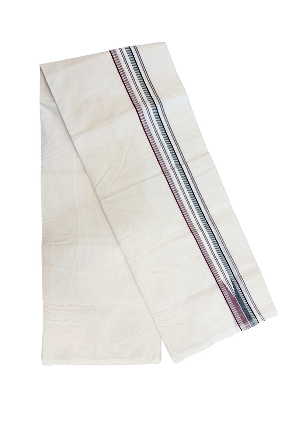 ADMK VESHTI 20% Discount !! KaithariKada Balaramapuram Double Off white - (Unbleached) Mundu/Dhoti - 100X100 - 1.5 inch Puliyilakkara Maroon & Black Striped Chutty Kara- 7KK5226 ASH
