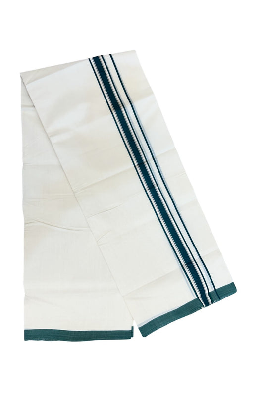 25% Discount!!! KaithariKada HANDLOOM MILLPAAV Balaramapuram - 100% PURE Cotton OFF WHITE (Unbleached) Double Mundu/Dhoti - 80x90 - 1.25 inch Silver kasavu Green kara  4 Mtr (8.5 Muzham) - 7KK5235 YAR