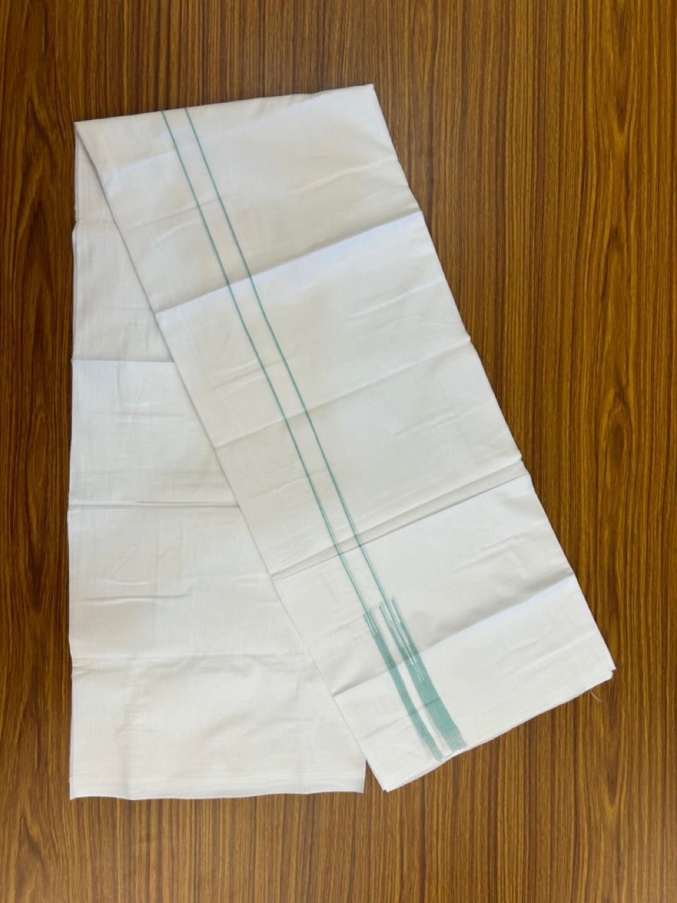 20% DISCOUNT!! NEW!! KaithariKada Balaramapuram 100% Cotton PURE WHITE Double Mundu/Dhoti - (100x80)s - 0.75 inch Turquoise Line chutty - 7 KK5249 VIN