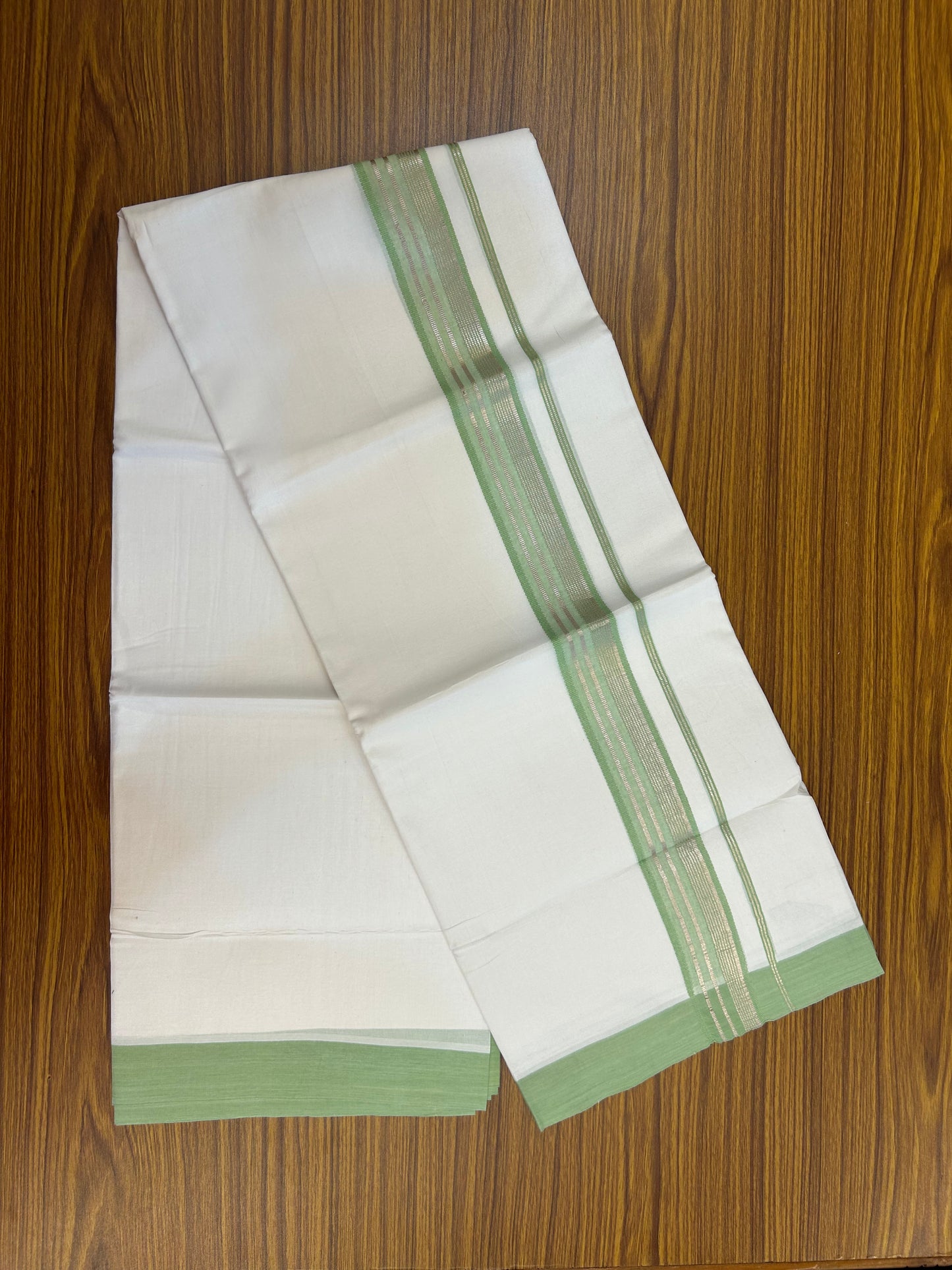 Short Dhoti Special - 28% Discount ! KaithariKada 100% Cotton Pure White Double Mundu / Dhoti - 100x80 - 45 inch Height 3.80 m Length  1.5 inch Light Green Silver Kasav kara - 7 KK5258 THI