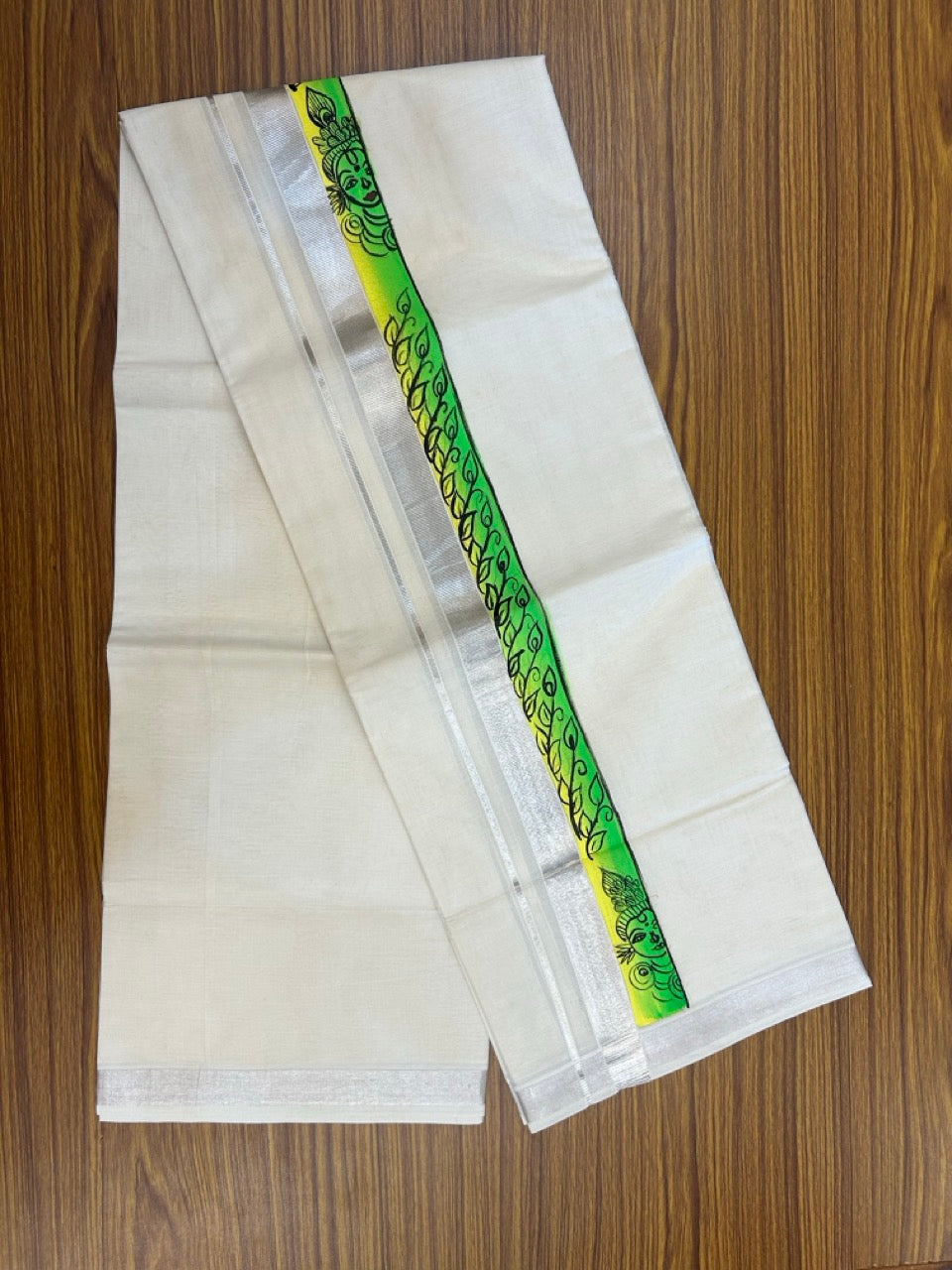 24% Discount! Hand Painted - KaithariKada 100% Cotton Double Off white - (Ubleached) Mundu / Dhoti - 100x80 1 inch Silver Kasavu & Hand Painted Krishna Flower - 7 KK5259 CKS