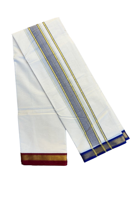 21% DISCOUNT! KaithariKada 100% Cotton Off White- Pure Cotton - 100x100 thread - NORTH INDIAN ATTACHED GAMCHA- 9X5 Dhoti - 2.75 inch Light purple kara with BLUE & MAROON border- 7KK77PMC