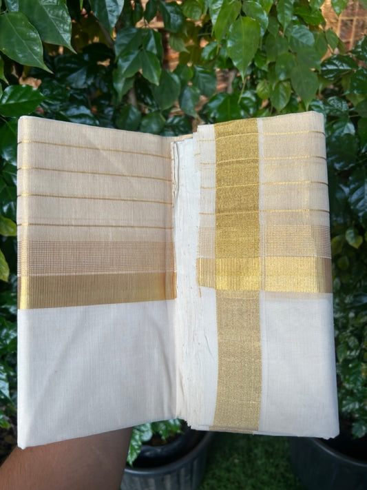 25% Discount ! KaithariKada Handloom Milpaav Balaramapuram - Pure Cotton Off White - (Unbleached) Double Mundu/Dhoti - (80X90s) - 7 inch Gold Kasav Striped & Half Tissue Kara - 97 KK5256 RAM