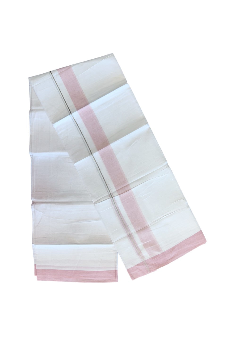 30% DISCOUNT! KaithariKada Balaramapuram 100% Cotton PURE WHITE Double Mundu/Dhoti-100x92   Puliyilakkara Chutty Silver Kasavu & LIGHT PINK 1.75 inch Shaded Kara - KK49SS - 7.