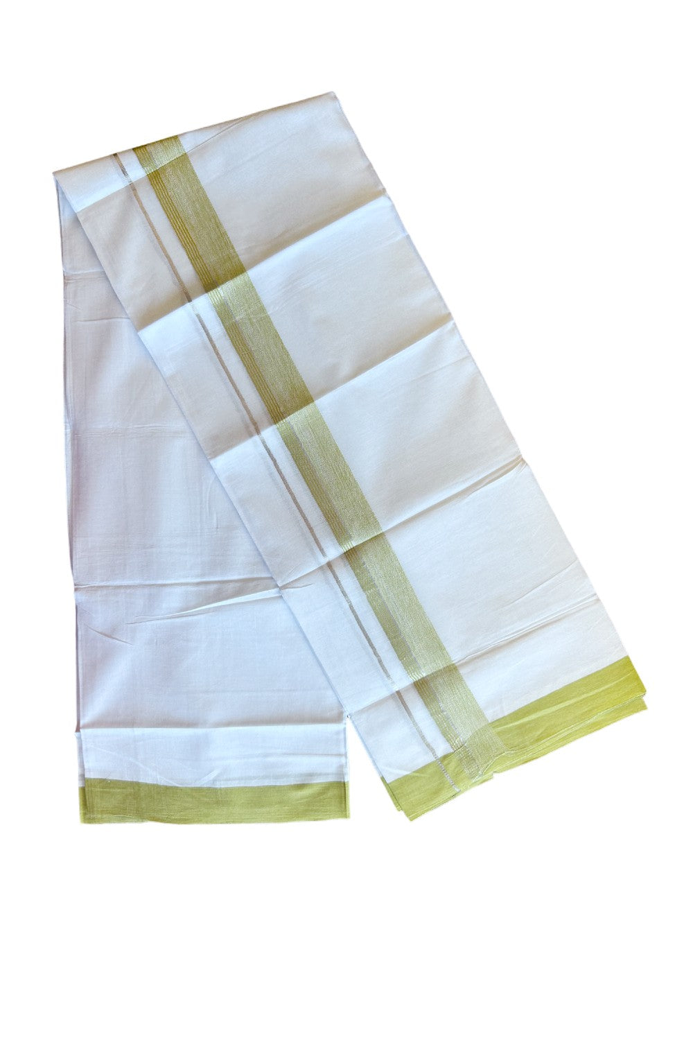 27% DISCOUNT!! Kaitharikada Balaramapuram 100% Cotton PURE WHITE Double Mundu./Dothi-100x80  2.25 Inch GREEN YELLOW + SILVER Striped Cotton Kara KK50CHAN -7 .