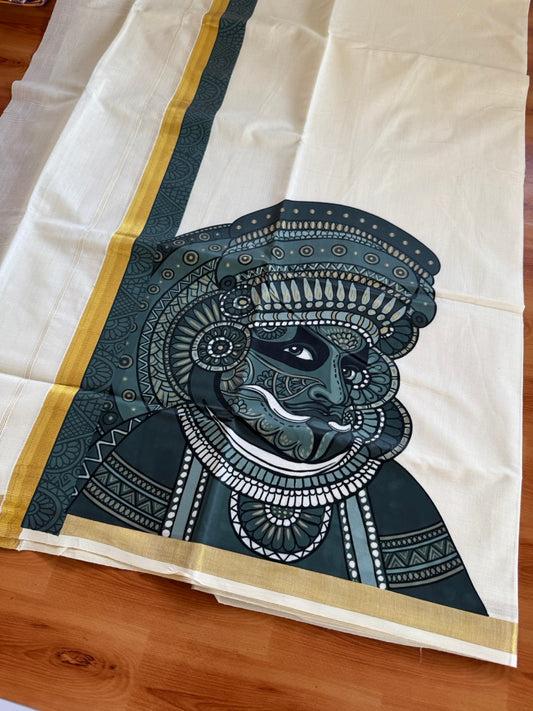 Double Off White - Onam Festival Print - (Unbleached) Mundu/Dhoti- 20% Discount!! KaithariKada Mixed Cotton 60s - 0.75 inch Gold Kasav with Printed Design Kara - 6 KK5474 GAN
