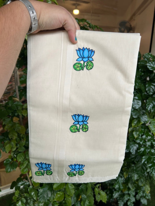 KaithariKada Balaramapuram 100% Cotton Double Off white - (Unbleached) Mundu/Dhoti-100x80 - 0.5 inch Hand Painted Blue Lotus Design Kara 3.80 mtr (8 muzham) - 5 KK5244 ASH