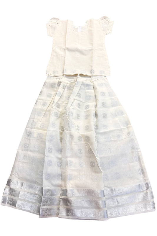 Midukki-Traditional South Indian Kids Pattu Pavada- Offwhite top offwhite skirt with silver print- Age 15&16 - KK15&16MID007