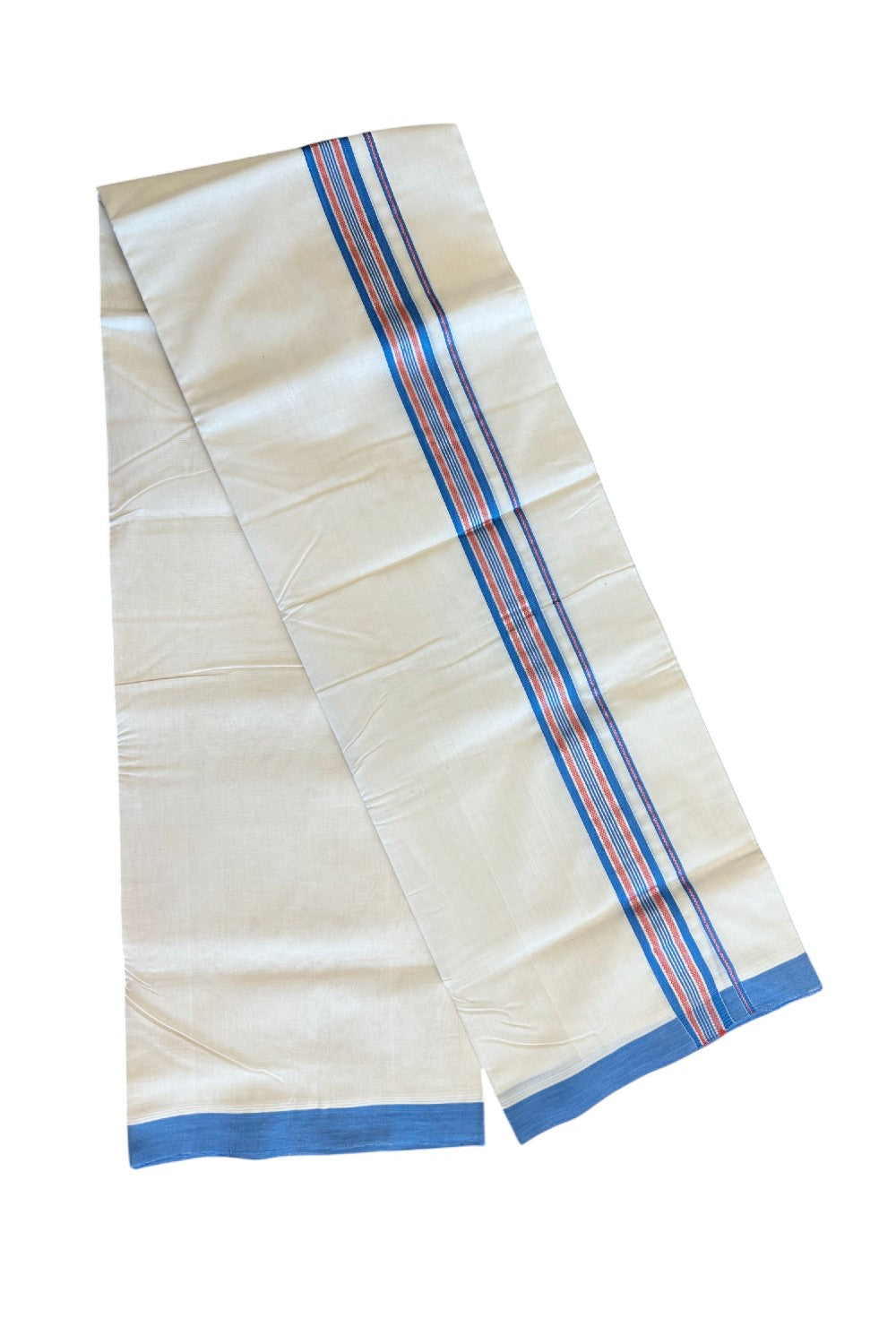 30% DISCOUNT! KaithariKada BALARAMAPURAM HANDLOOM UNAKKUPAAV - 100% PURE Cotton off white (Unbleached) Double Mundu/Dhoti -  1.75  inch Blue Red & Silver Kasavu Designer Kara- 3.60 mtr (8 Muzham)-51