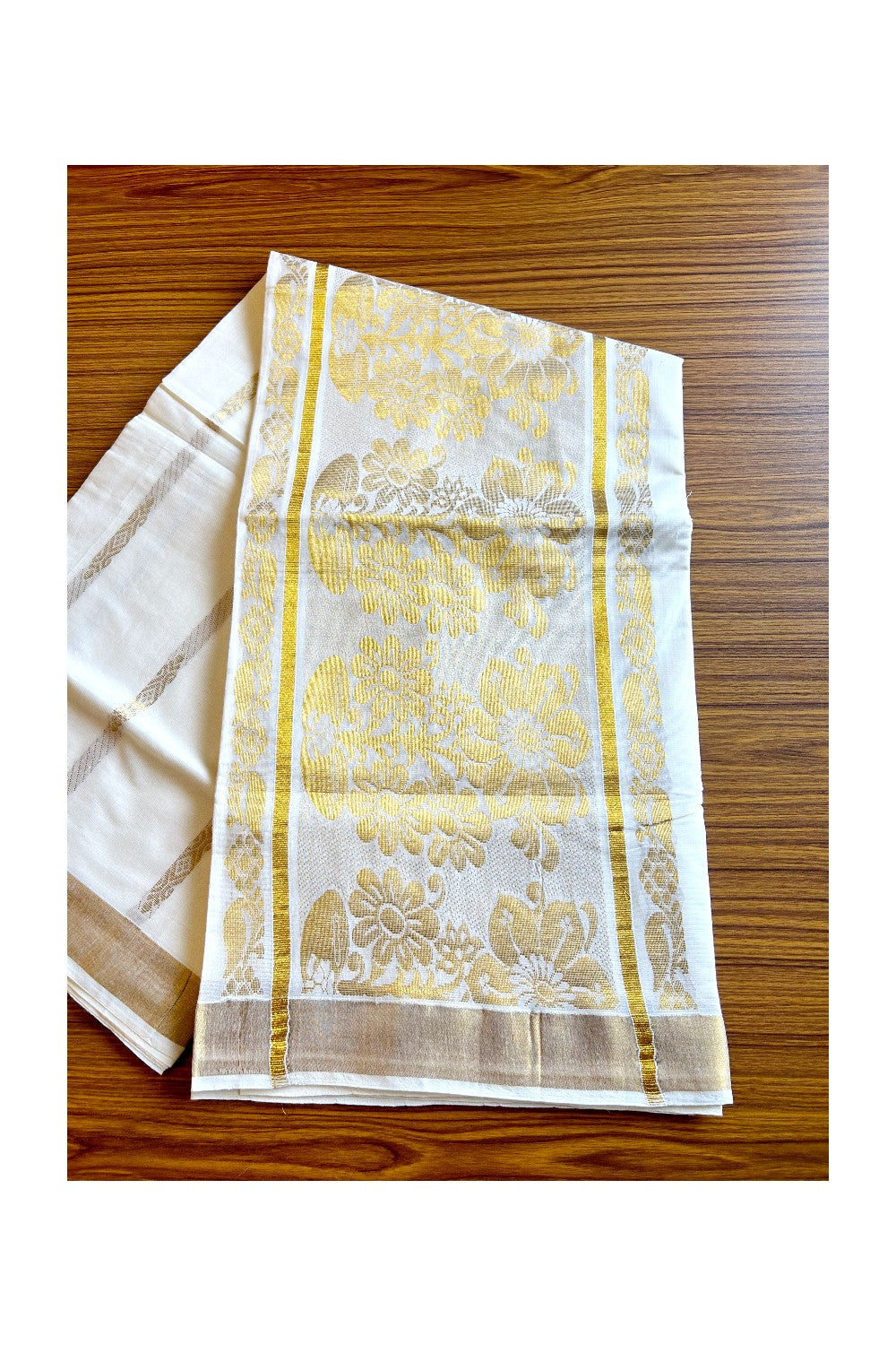 23% Discount!!! Kaitharikada Kerala Cotton Saree Off white - 28 inch Kasav Zari with Flower Pattern Putta Design- 7KK1002JEE