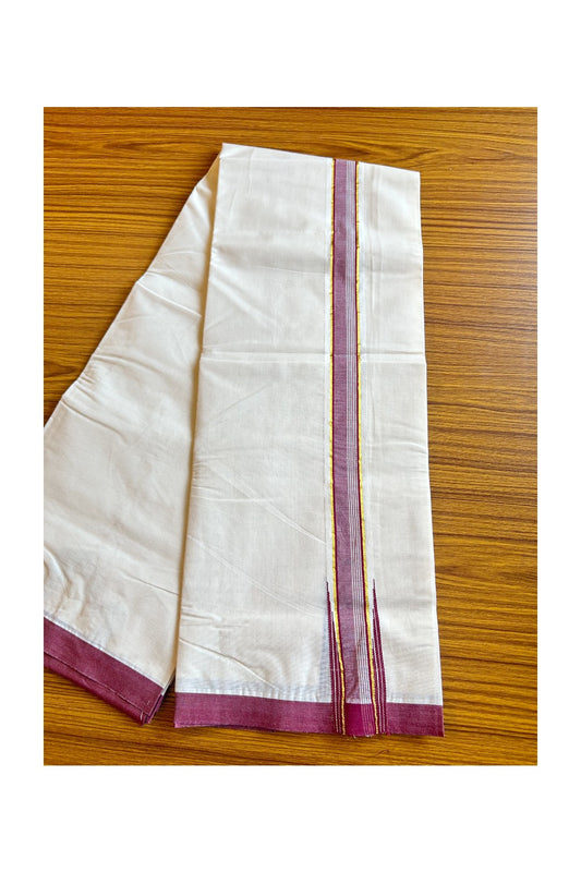 24% DISCOUNT ! KaithariKada 100% Cotton OFF WHITE (Unbleached) Double Dhoti/Mundu- 2inch Puliyilakkara Maroon & Kasavu Wings Chutty - 7KK423ASH