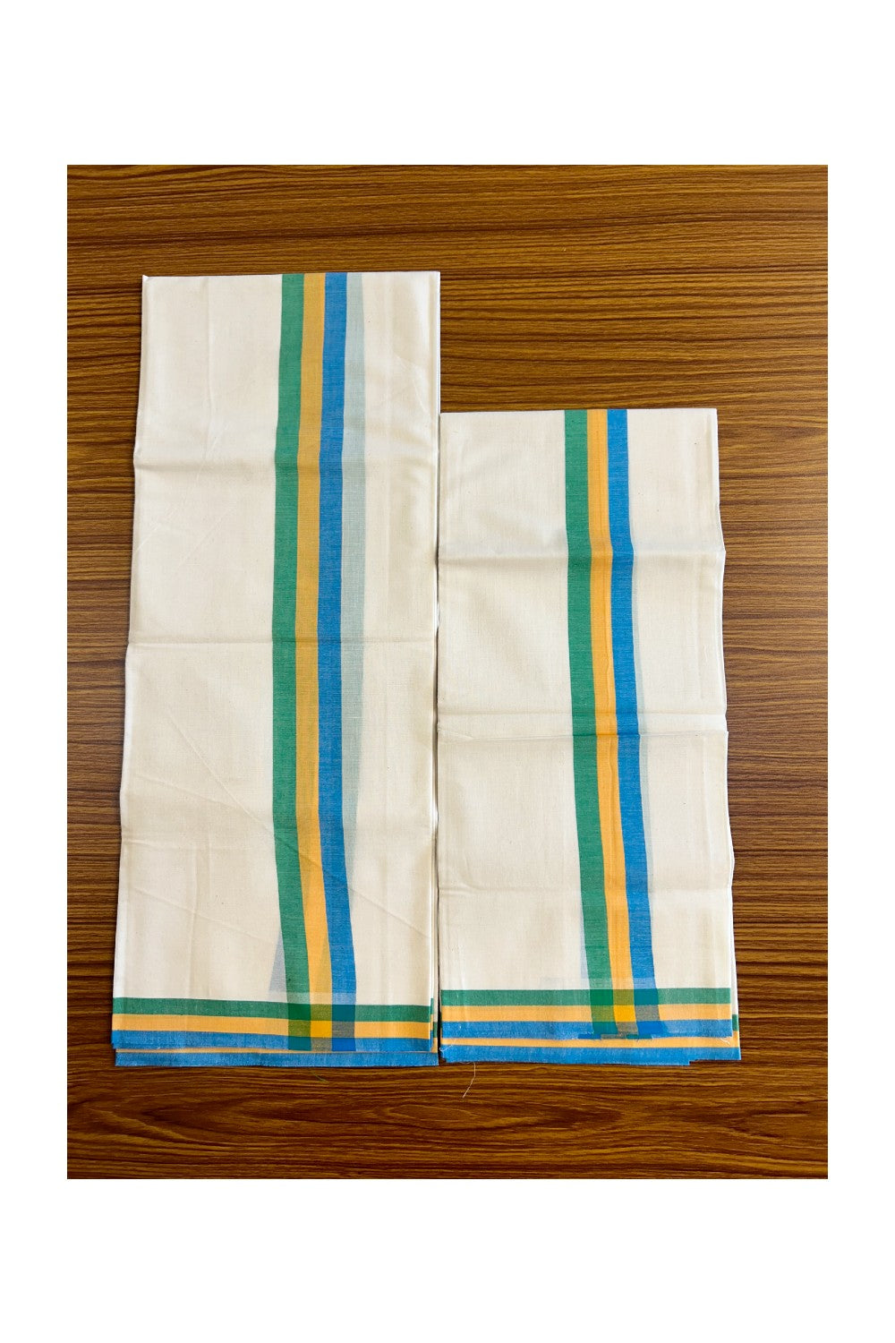 15% Discount!! KaithariKada - Kerala Cotton Single Set Mundu - EXTRA LENGTH -Blue, Yellow & Green Stripes Mulloth Kara- 7KK472CKA