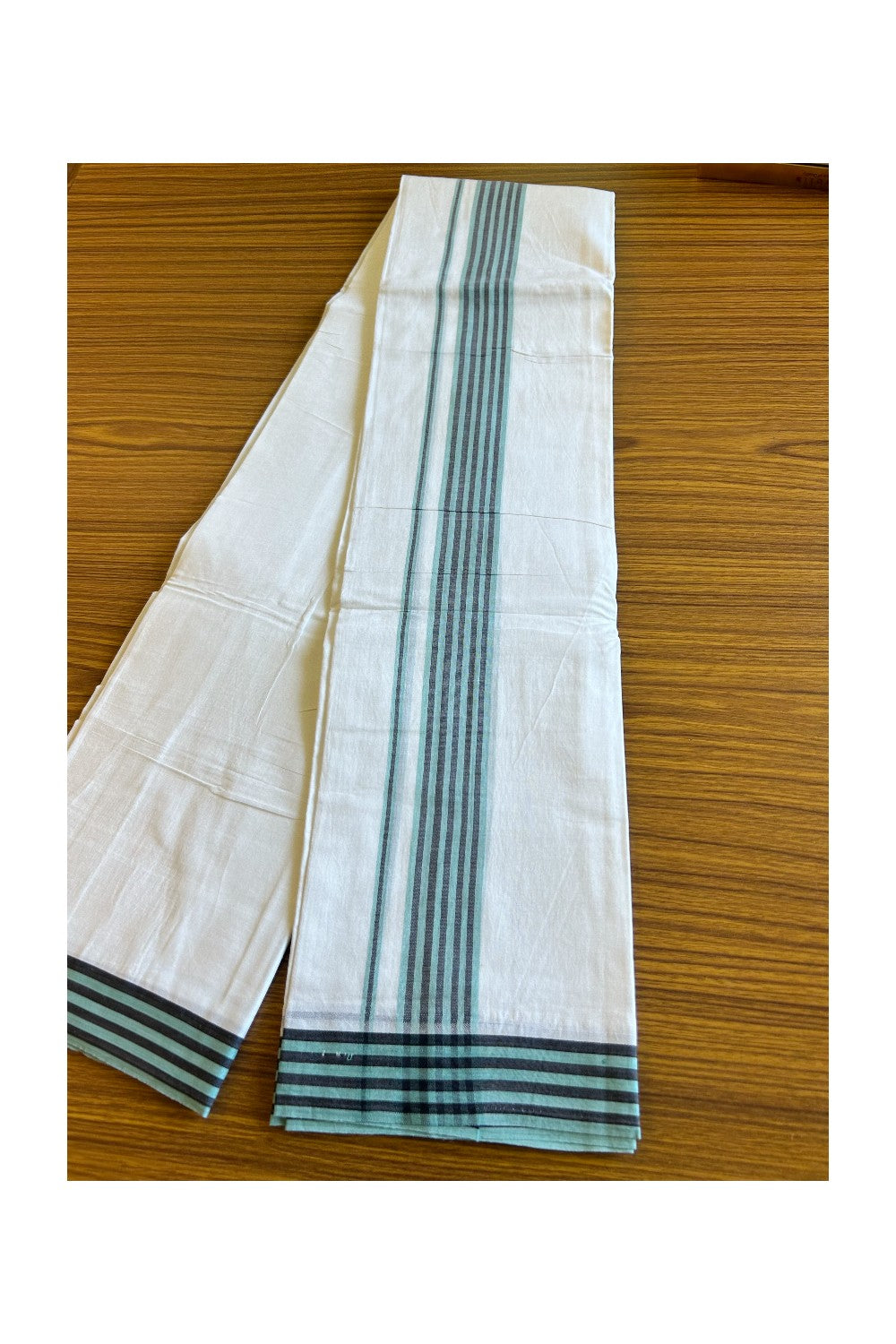 29% DISCOUNT! KaithariKada Balaramapuram 100% Cotton PURE WHITE Double Mundu/Dhoti-100x100 2. inch Turqouise & Black Stripes Cotton kara 3.70m- 7KK493RAM
