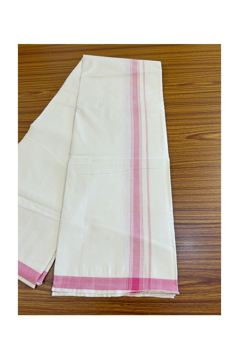 30% Discount KaithariKada 100% Cotton Balaramapuram HANDLOOM Single Mundu/Dhoti - Off White - (Unbleached) 1.75 inch Pink Stripes Kara (2 meter / 4 muzham) - 7KK499KK