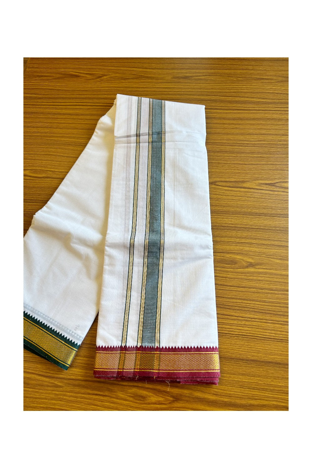 15% DISCOUNT! KaithariKada - Cotton Mix - PURE White - 80x80 thread- 80% Cotton & 20% Polyester  - (Unbleached) NORTH INDIAN  - ATTACHED GAMCHA - 10x6 Dhoti-  Gold Kasavu Green & Maroon 2.65 inch kara - 7KK5008PMC