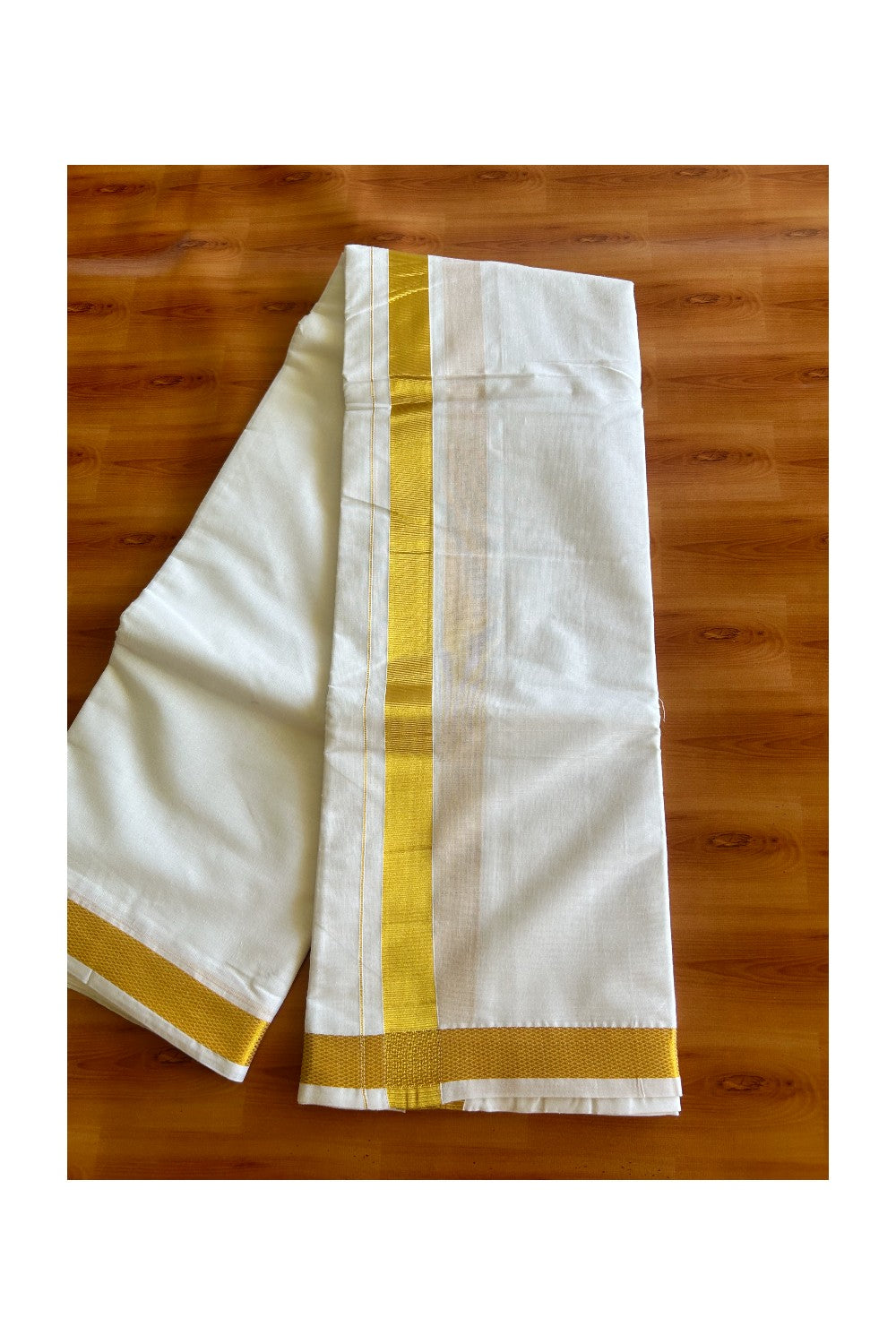 15% DISCOUNT! KaithariKada Cotton Mix - PURE White - 80x80 thread - 80% Cotton & 20% Polyester -NORTH INDIAN - ATTACHED GAMCHA 9X5 Dhoti- Gold KASAVU 1.75 inch & Border - 9KK5008PMC