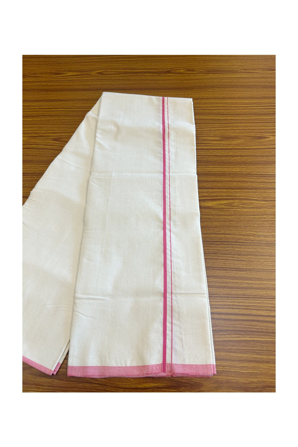 SIGNATURE KAITHARIKADA EXCLUSIVE SINGLE DHOTI - 100% Cotton Balaramapuram HANDLOOM Single Mundu/Dhoti - Off White - (Unbleached) 0.5inch Pink Kara (2 metre / 4 muzham)- 7KK5010KAI