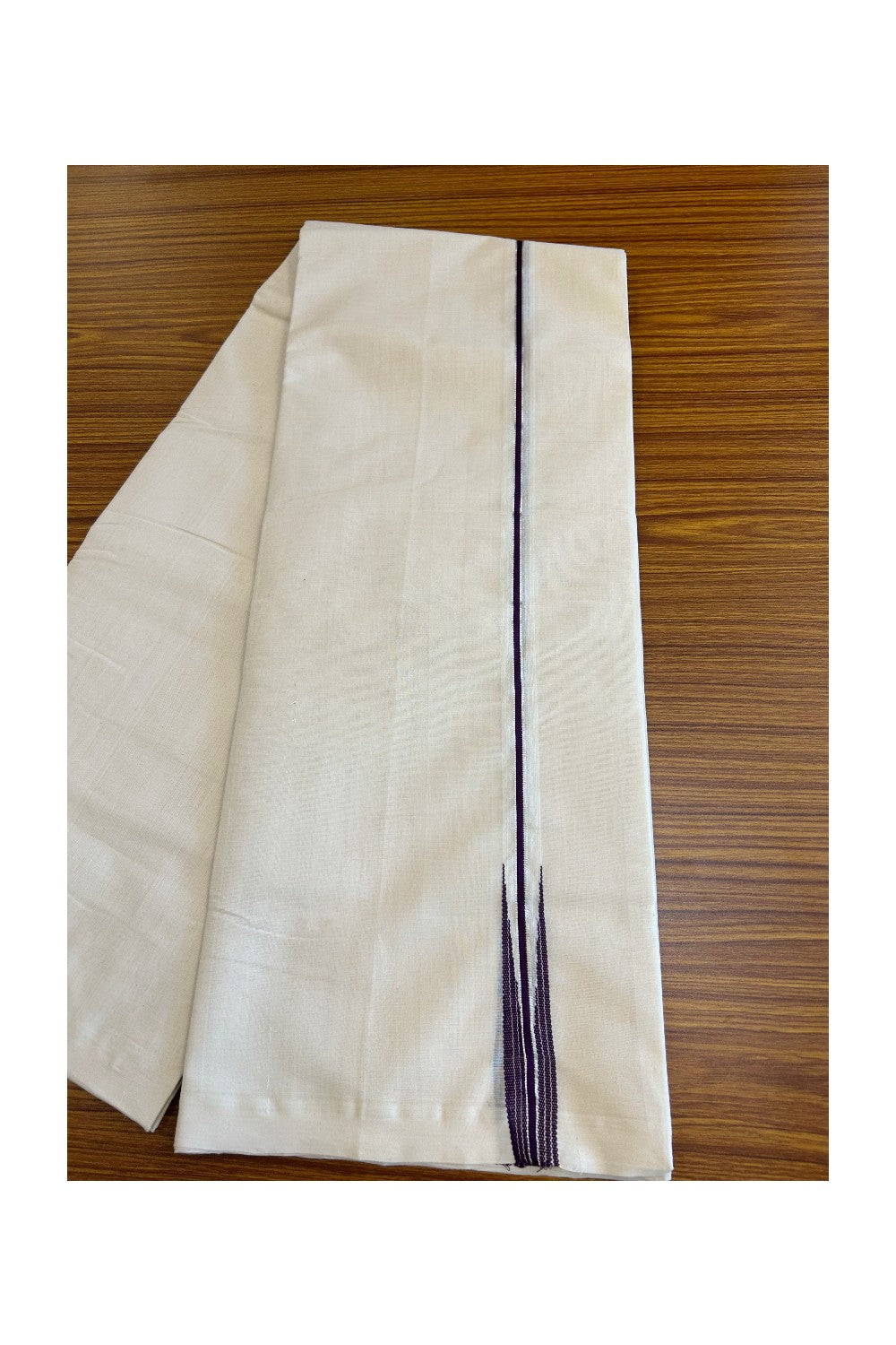 30% DISCOUNT!! KaithariKada HANDLOOM Millpaav Balaramapuram - 100% PURE Cotton OFF White - (Unbleached) Double Mundu/Dothi -1 inch Puliyilakkara silver kasavu & Vine Purple Striped Chutty - 7KK5011RAM