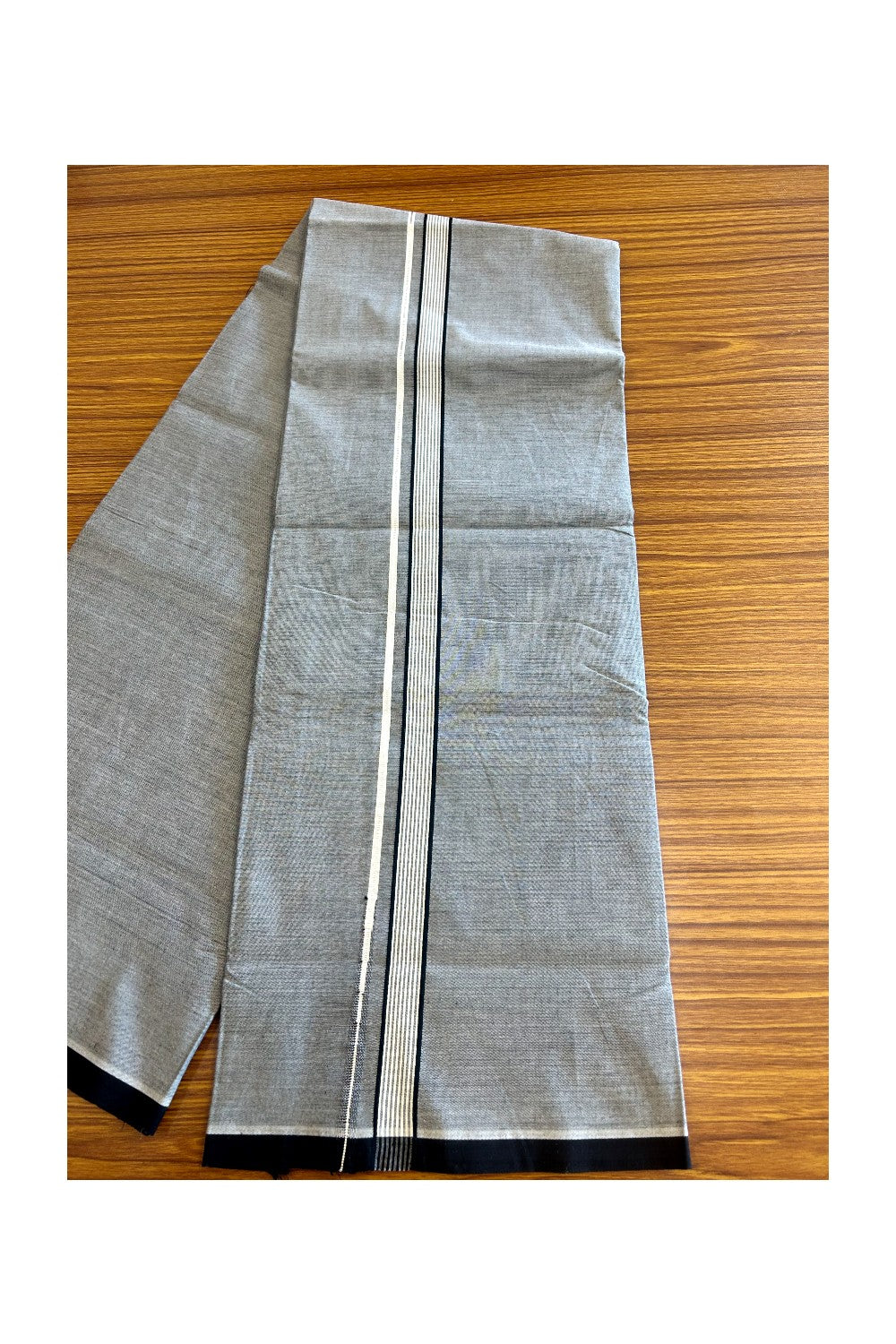 33% Discount !! KaithariKada 100% Pure Cotton - Colour Mundu Single Mundu/ Dhothi Ash Grey COLOUR BODY &  Black Striped Silver Chutty 1.25 inch Kara (2 metre / 4 muzham)- 7KK5030ASH