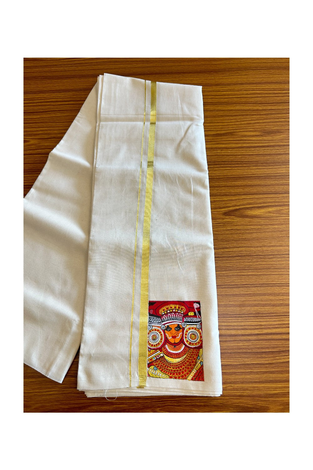 KaithariKada Balaramapuram 100% Cotton Double Off white - (Unbleached) Mundu/Dhoti-100x80 1 inch Kasavu & Hand Painted Theyyam Design Kara 3.70 meter (8 Muzham) - 7KK5046KK