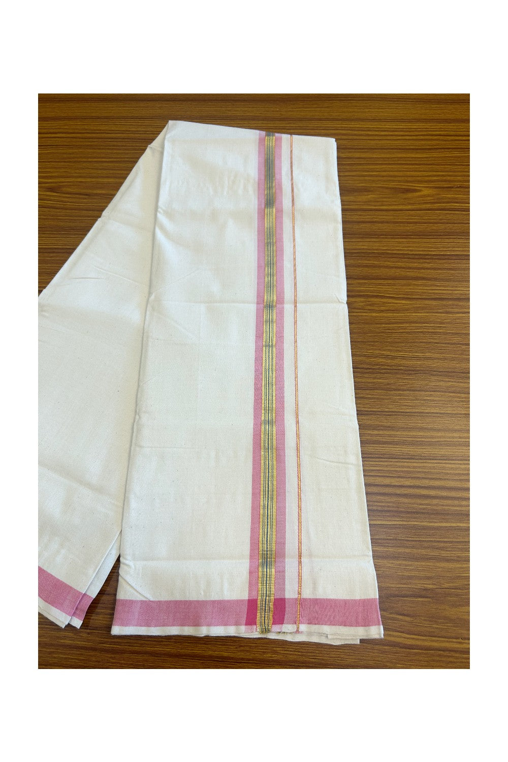 30% Discount KaithariKada 100% Cotton Balaramapuram HANDLOOM Single Mundu/Dhoti - Off White (Unbleached)  2inch (2 meter / 4 muzham) Pink + Blue & Kasavu Kara Stripes - 310