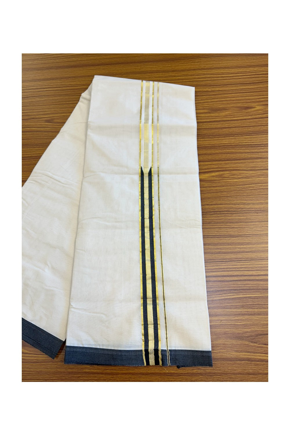 20% DISCOUNT! KaithariKada Balaramapuram 100% Cotton Double Off white - (Unbleached) Mundu/Dhoti-100x100 Chutty Heavy Designer Black & Kasavu 1.25 inch Kara- ASH019.