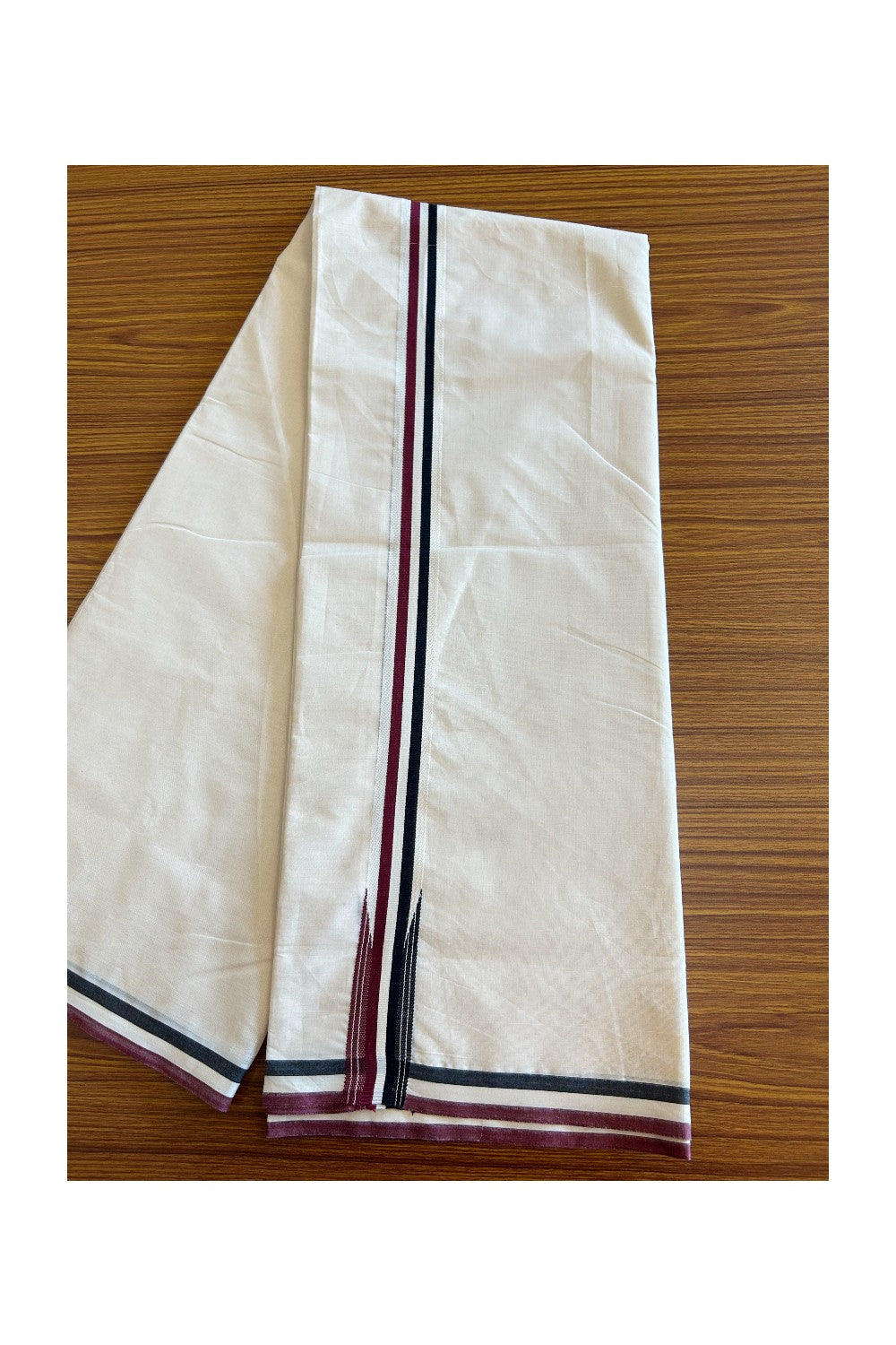 ADMK VESHTI - 25% DISCOUNT! KaithariKada 100% Cotton off white Double - (Unbleached) Mundu/Dhoti - 100X100 - 1 inch Black White & Maroon Striped Wings Chutty kara 3.80 meter (8 Muzham) - 7KK5079ASH
