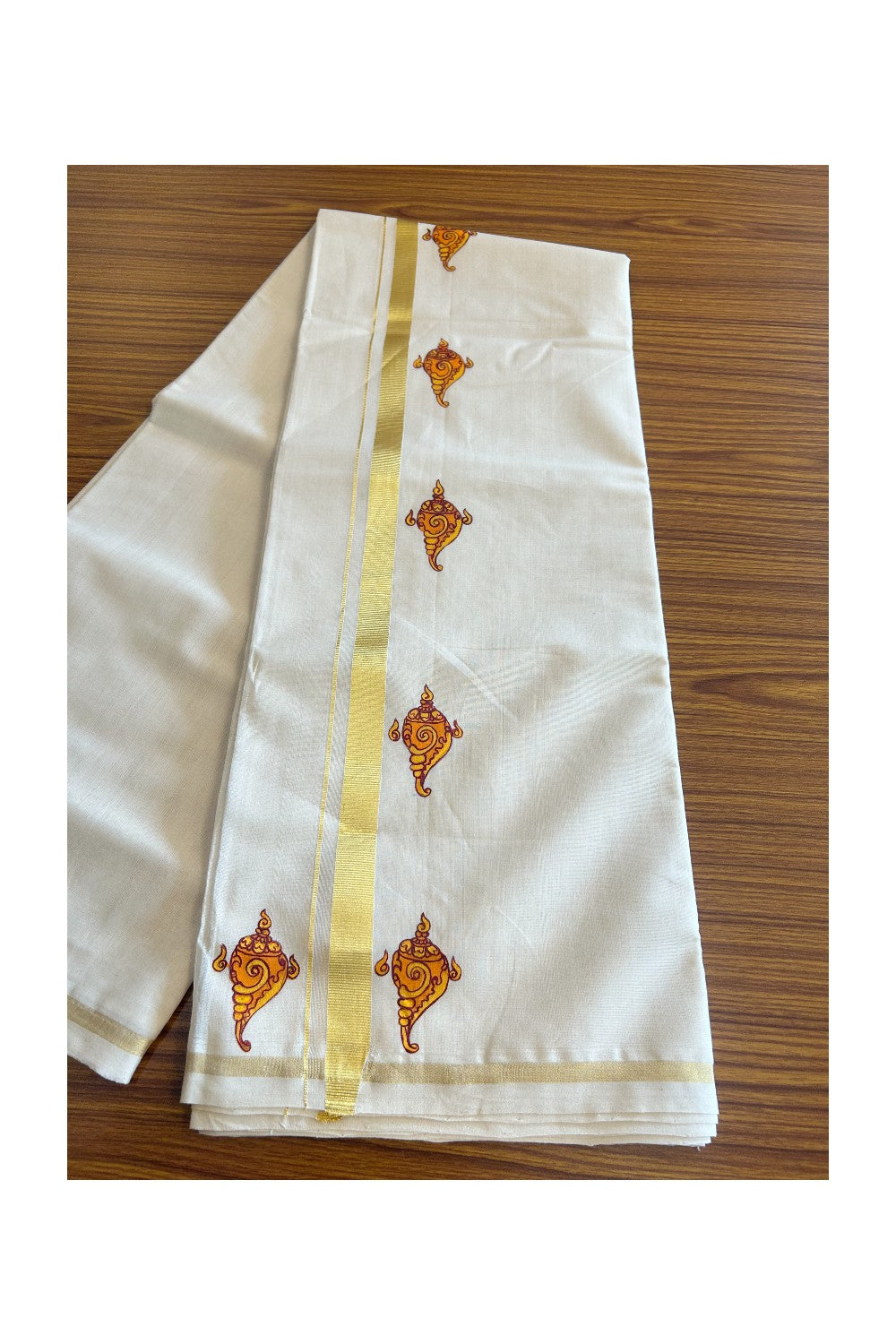 25% Discount!! KaithariKada HANDLOOM Millpaav Balaramapuram - 100% PURE Cotton OFF White - (Unbleached) Double Mundu/Dothi - 3 cm Kasavu kara Hand Painted Shankh Design - 7KK5091RAM