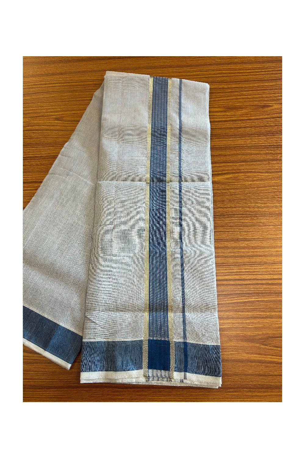 25% DISCOUNT! KaithariKada HANDLOOM Millpaav Balaramapuram - 100% PURE Cotton Off White (Unbleached) - Double Mundu/Dhoti - 3 inch Gold Kasavu Striped Kara & Blue Tissue Body- 7KK5105RAM
