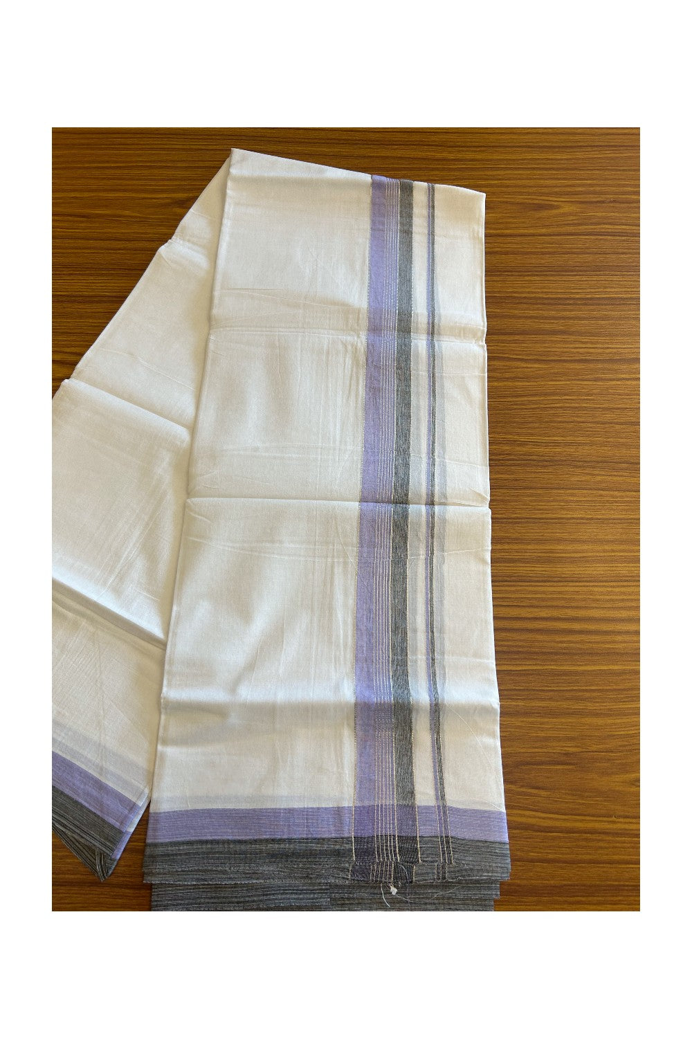 20% Discount !! KaithariKada Balaramapuram Double PURE WHITE Mundu/Dhoti- 100x80 - 2.5 inch Lavender & Black Shaded with Silver Striped kara - 3.90 mtr - 7KK5112PMC