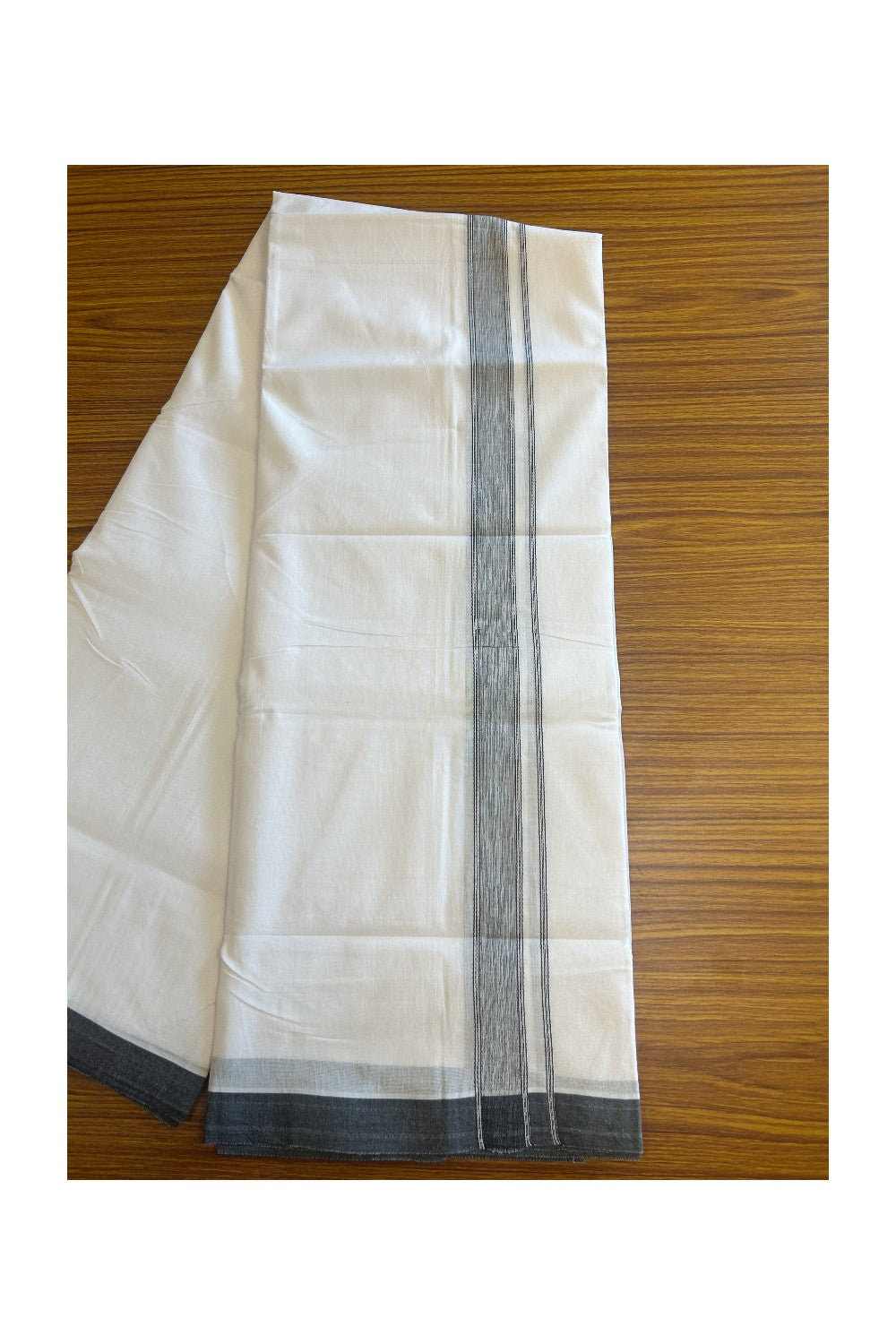 23% Discount ! KaithariKada Balaramapuram 100% Cotton Double PURE WHITE - Mundu/Dhoti- 100x80 - 1.75 inch Black Shaded Striped Kara.- 6KK5127ASH