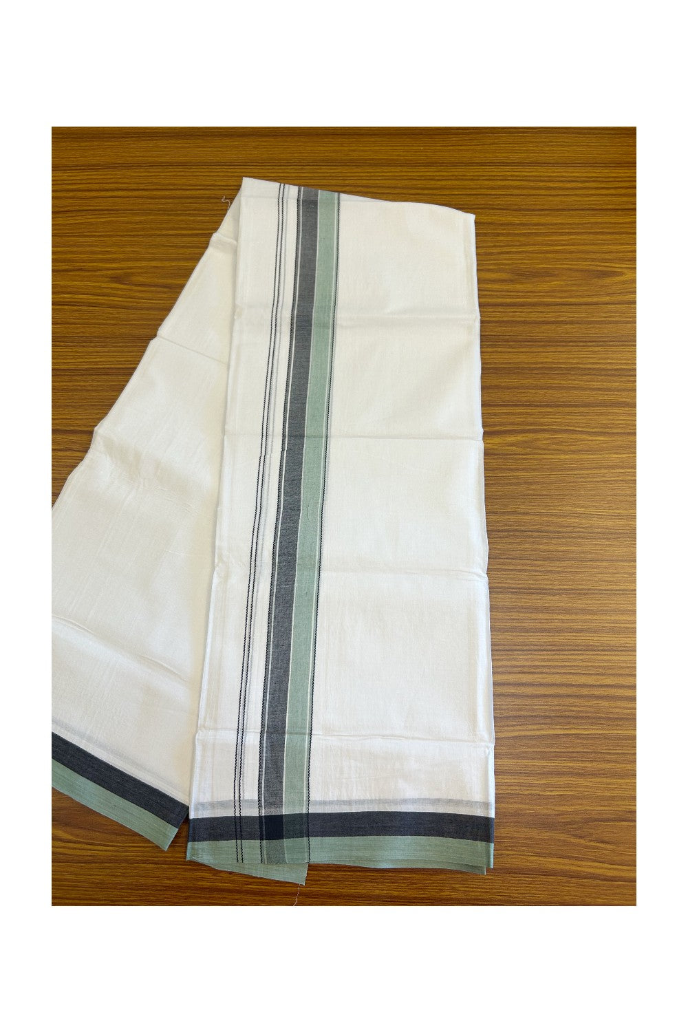 28% DISCOUNT! KaithariKada Balaramapuram 100% Cotton PURE WHITE Double Mundu/Dhoti-100x80- 1.75 inch Dark Pista green & Black shaded designer kara - 7KK5134THI